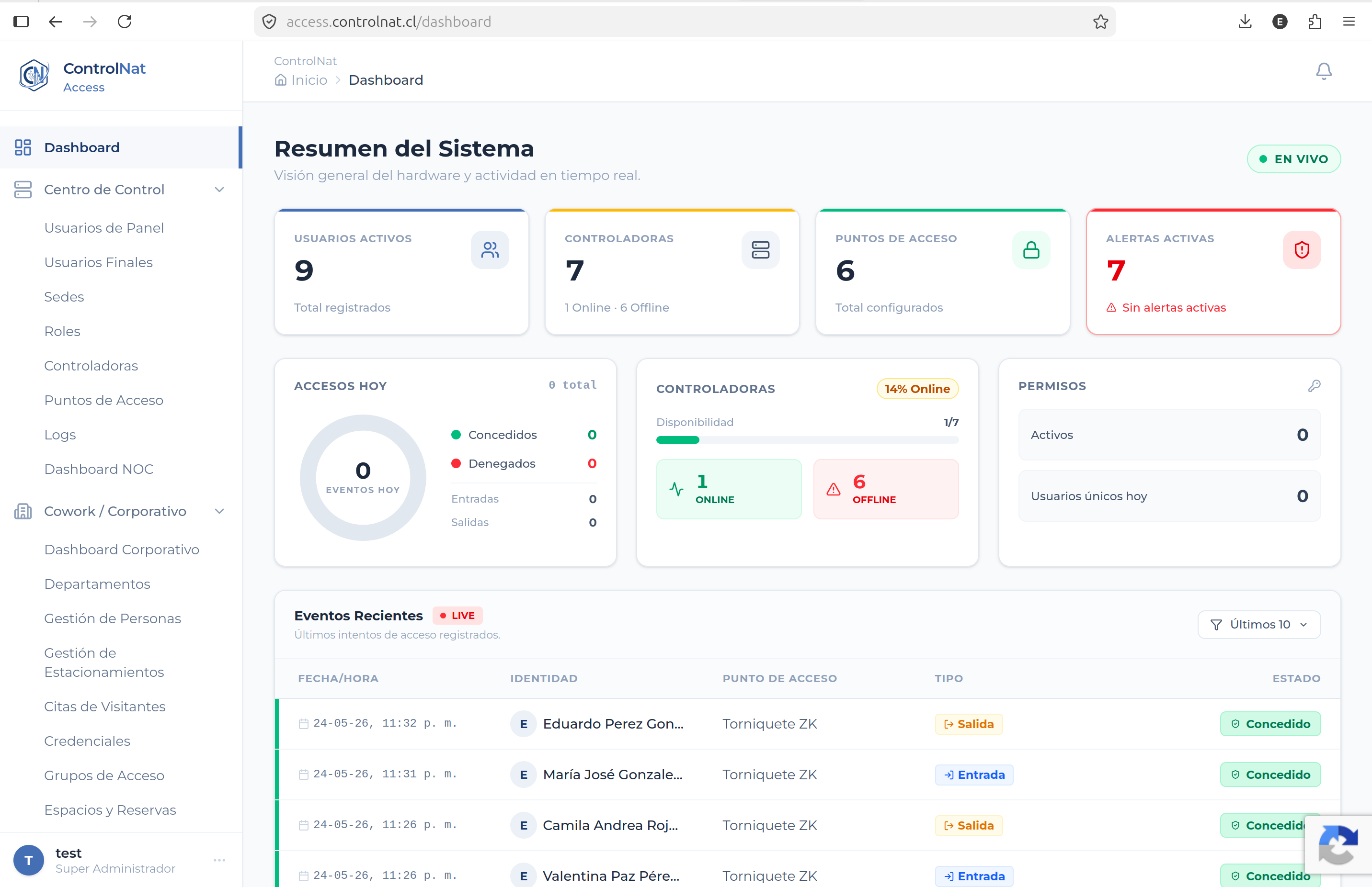 Panel web ControlNat en tiempo real